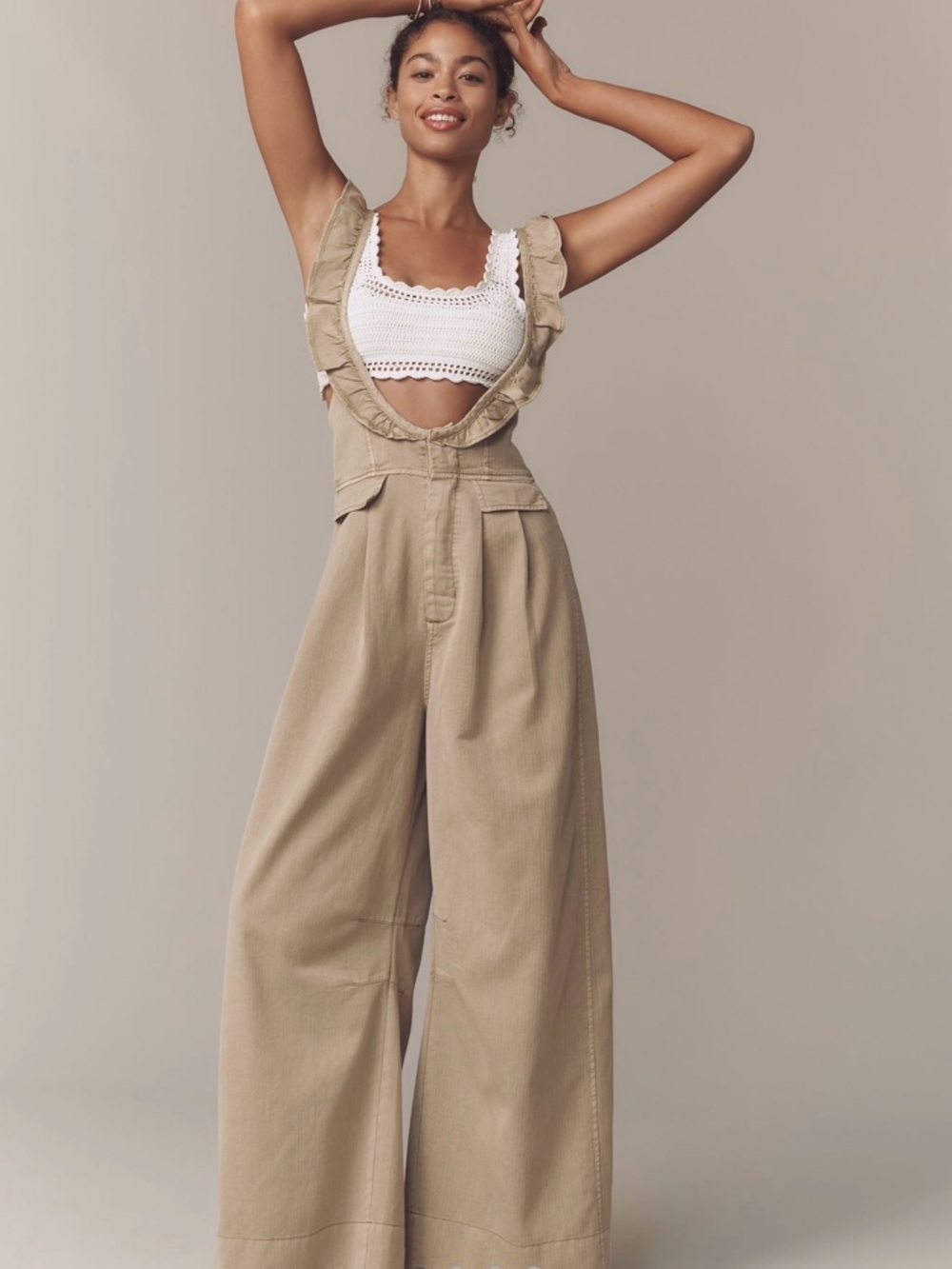 Anthropologie Ruffle-Strap washed chino Wide Leg overalls NWT 10